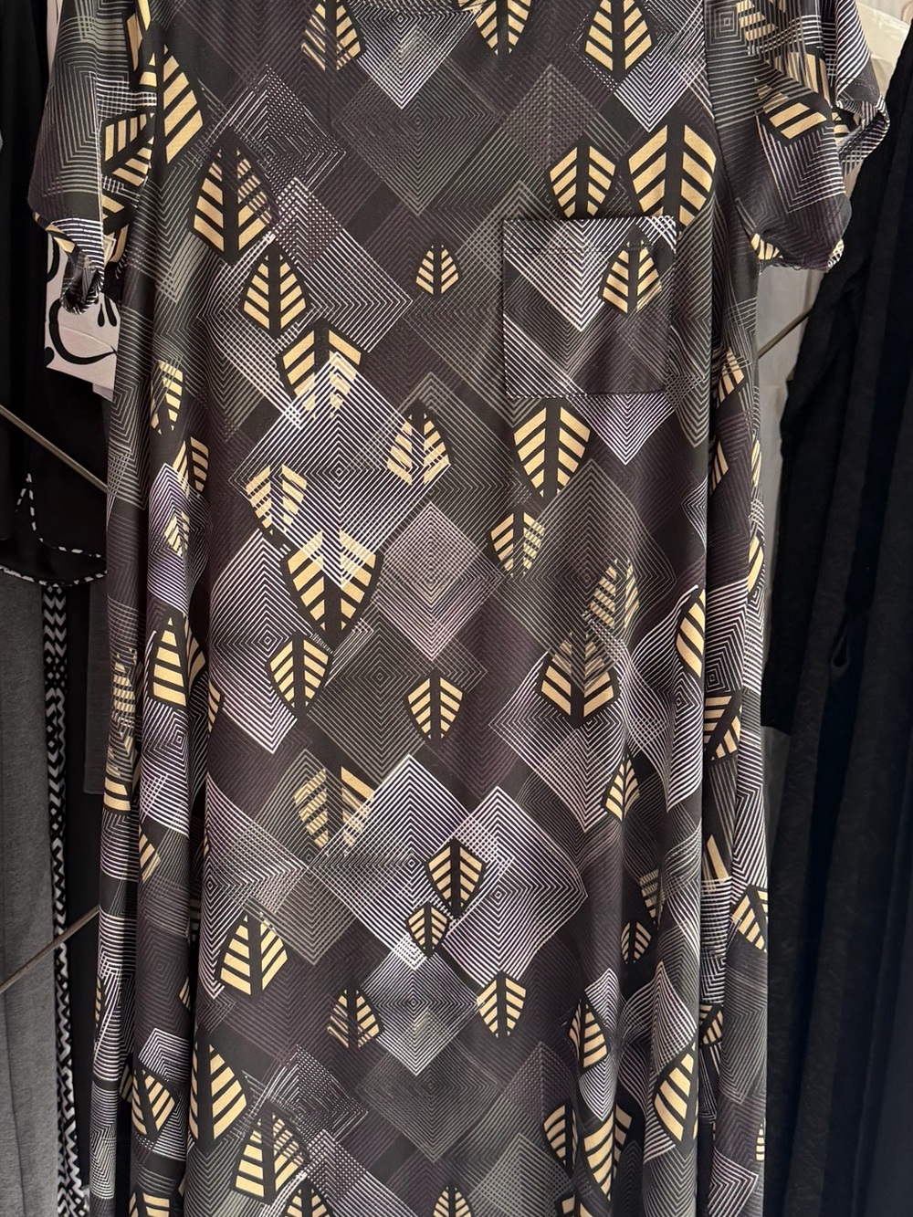 LuLaRoe Black Maxi Dress with Gold Leaf & White Geometric Print